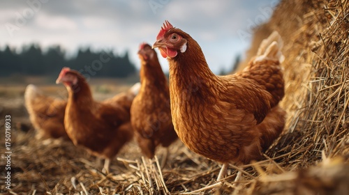 Brown hens foraging in a sunny farmyard surrounded by straw bales at dawn light