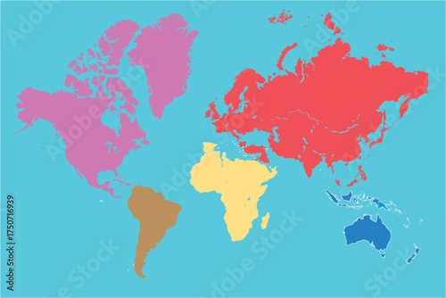 Around the World, Multicolor Continent Minimalist Vector Map Illustration with Blue Background. Connecting Global Travel Technology Location