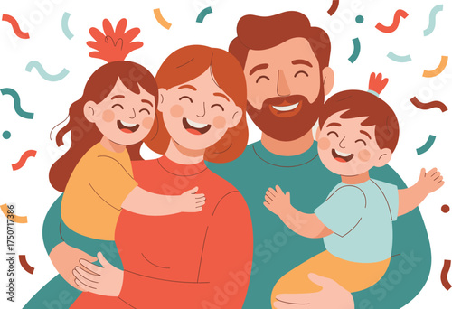 Happy family celebrating together, parents hugging children, joyful family illustration, smiling faces, love, happiness, cheerful lifestyle, family unity, positive emotion