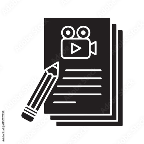 Video script glyph icon. Screenwriting, screenplay, and movie scenario symbol. Filmmaking and content creation planning document with a pencil. Silhouette.
