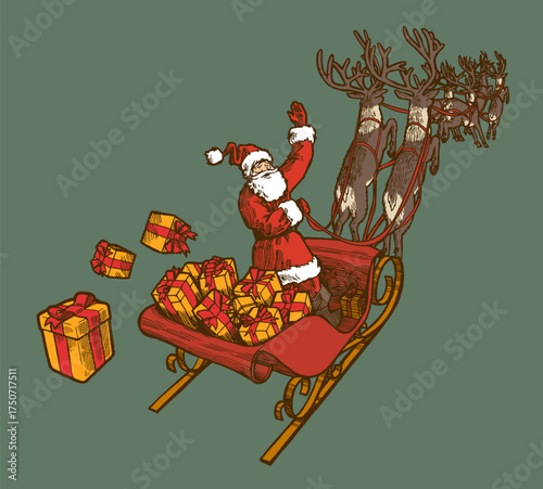 Vintage Engraving Style Santa Claus Flying Sleigh with Reindeer and Gifts in this vintage-style festive vector illustration on a green background.