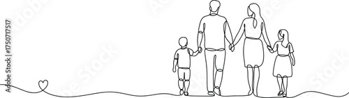 Happy family walking together holding hands, parents with son and daughter, continuous line drawing, family love, unity, parenting, minimalist design illustration