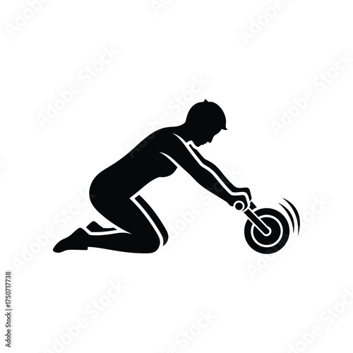 Silhouette of person kneeling while using an ab roller for exercise on a white background