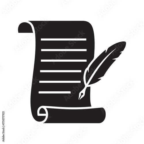 Ancient scroll and quill pen glyph icon. Historical manuscript, old letter, or poetry writing symbol. Vintage parchment document silhouette for literature and history.
