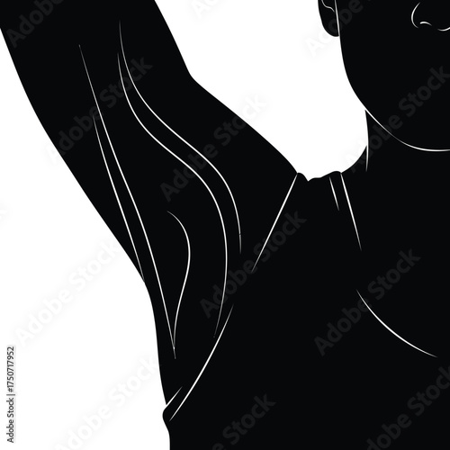 Close up black and white illustration of a person's shoulder and arm with flowing lines silhouette