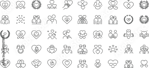 Heart icons collection, love and relationship symbols, romantic vector illustration, emotional connection design, care and affection concept, minimal line art