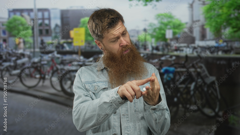 Fototapeta premium Man pointing finger to palm in bike rental parking on urban street, denim jacket visible; concentration.