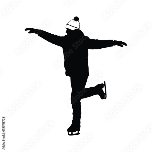 Silhouette of a person ice skating with arms outstretched wearing a hat and winter clothing on white