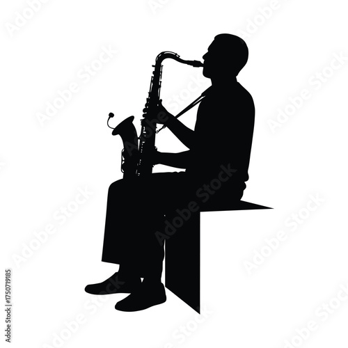 Silhouette of a musician seated playing the saxophone against a plain white background scene