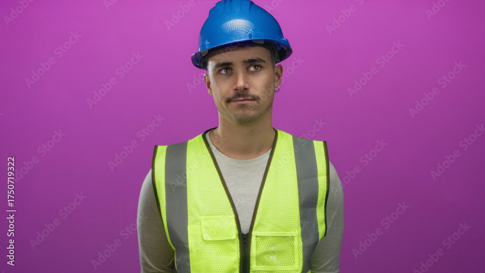 Fototapeta premium Young man in reflective vest and hardhat stands against an isolated pink background wall, appearing thoughtful and focused, embodying a professional and confident attitude.