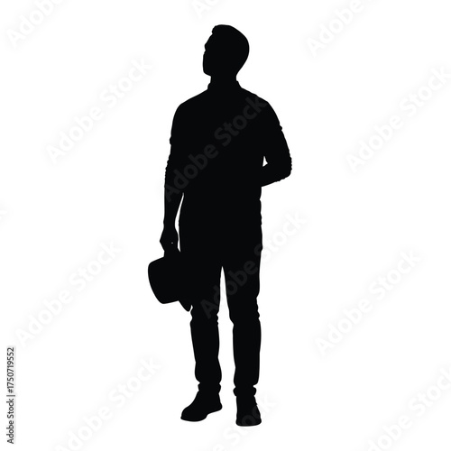 Silhouette of a man standing looking up holding a hat in his left hand against a white background