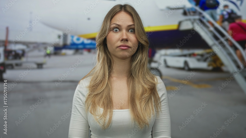 Fototapeta premium Blonde caucasian woman covers mouth with hand at airport terminal; surprise curiosity uncertainty hesitation.
