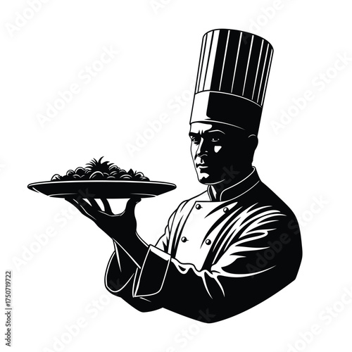 A chef in uniform holding a plate of food in a black and white graphic illustration style image silhouette