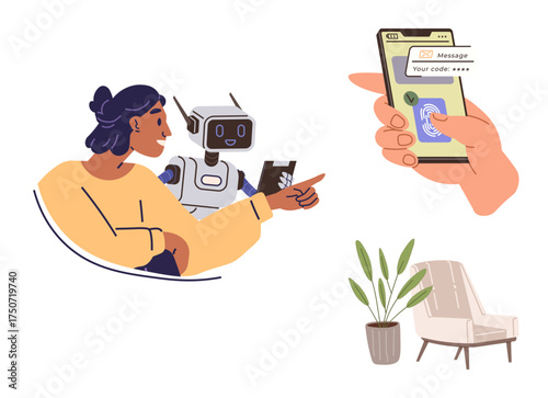 Woman and robot interacting, phone showing biometric security code, modern chair, potted plant. Ideal for technology, teamwork, innovation, AI security digital transformation comfort. Simple flat