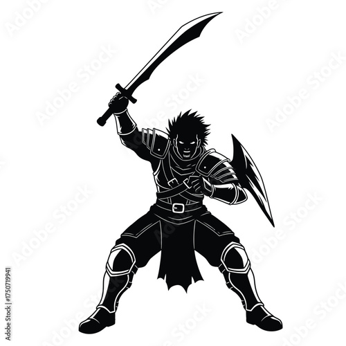 Illustration of a warrior in black silhouette holding a sword and shield up high ready to fight