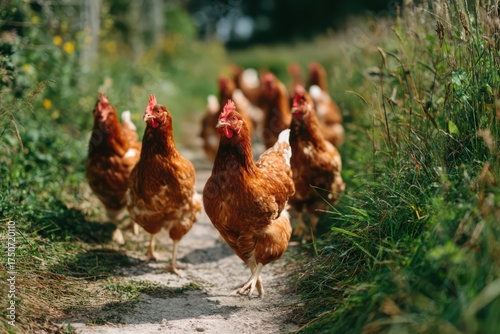 Chickens on a sunny path enjoying a leisurely stroll in the countryside