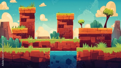 Cartoon Brick Platform Landscape with Water and Sky