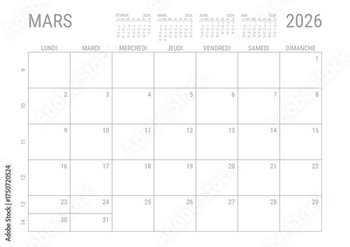 Mars 2026 Calendrier Mensual Planificateur avec Numero de Semaine à imprimer A4	