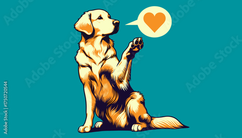 Golden retriever with heart speech bubble in pop art style, therapy dog with heart