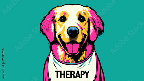Friendly golden retriever labeled 'THERAPY', therapy dog in pop art vector illustration