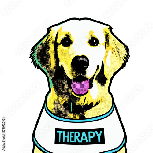 Friendly golden retriever labeled 'THERAPY' in pop art on transparent background, isolated therapy dog