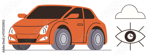 Bright orange car beside vision, time, and cloud illustrations combines concepts of innovation, autonomy, and technology. Ideal for automotive, AI, sustainability, navigation innovation safety