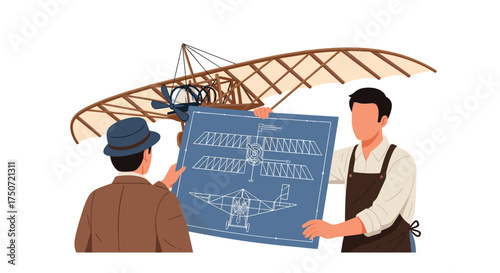 Early Aviation Pioneers Reviewing Aircraft Design Plans for Future Flight Experiments