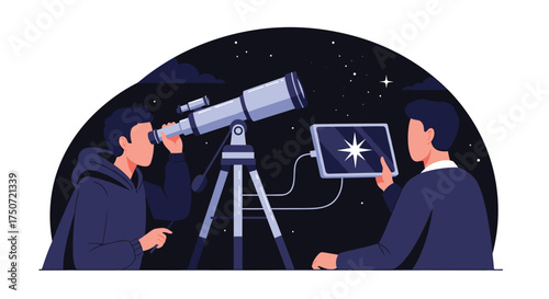 Observing the Cosmos Two People Using a Telescope and Tablet to Study Stars