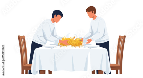 Two people setting a table for a meal with a large centerpiece
