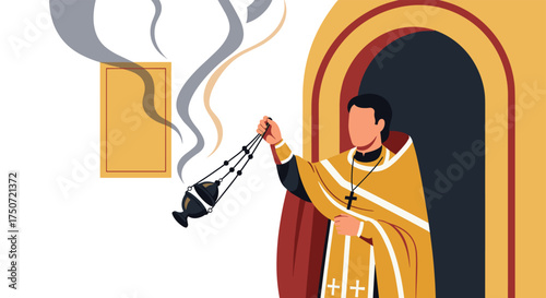 Orthodox Christian Priest Incensing the Sanctuary During Divine Liturgy