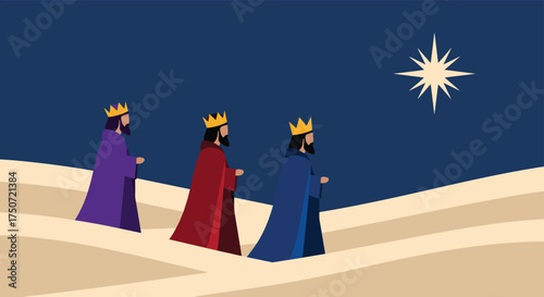 Three Wise Men Following the Star in the Desert at Night