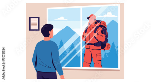 Man Watching Hiker With Backpack Standing Outside Through Window