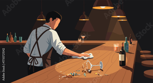 Bartender Cleaning Up A Messy Bar After Closing Time