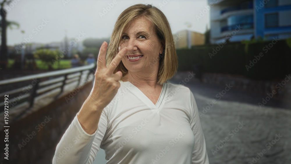 Fototapeta premium Woman smiling and pointing finger along sunlit paved street sidewalk by modern building facade; confidence.