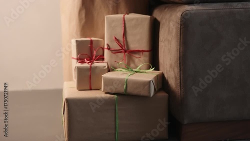 Slide shot of christmas gifts under spruce indoor with warm light