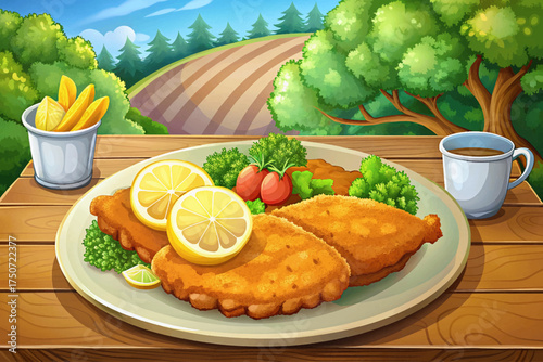 Austrian schnitzel with crispy breaded veal, served with lemon and potato salad beloved European meal.