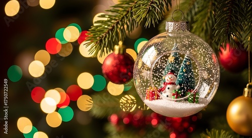 Christmas background. Xmas ornaments Glass ball with snow inside