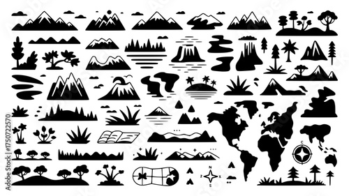 “Geography and Landscapes Vector Pack – 100 Black Silhouette Illustrations of Natural and Urban Geographical Features”