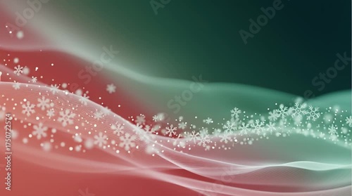 Abstract background with big high-pitched note and snowflakes, smooth transition from green to red, Christmas theme, minimal and soothing style, 8K resolution, neon lights, luminous sky, curved lines.