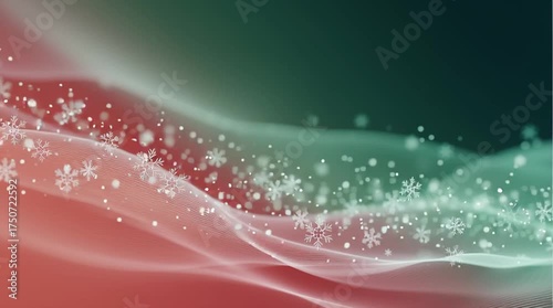 Abstract background with big high-pitched note and snowflakes, smooth transition from green to red, Christmas theme, minimal and soothing style, 8K resolution, neon lights, luminous sky, curved lines.