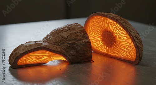 Glowing mushroom halves on textured surface orange