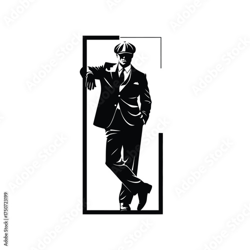 Silhouette of a man in a suit and cap leaning against a frame in black and white design