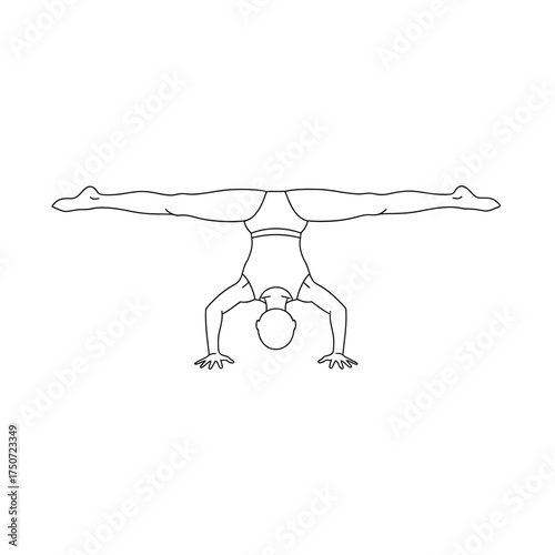 A line drawing of a person doing a handstand with legs split horizontally in the air pose silhouette