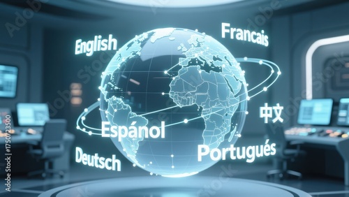 A glowing 3d globe with world languages floating around, global ai powered language translate technology