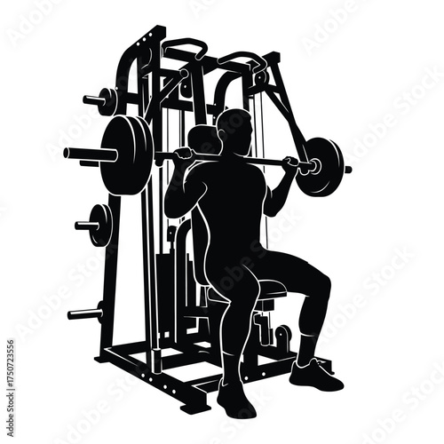 Silhouette of a man seated in a weight machine with a barbell across his shoulders in black and white