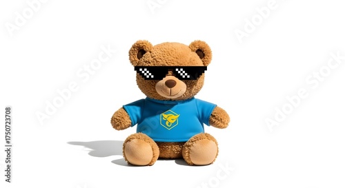 Cool brown teddy bear toy wearing trendy pixelated sunglasses and a blue t-shirt, confidently seated on a clean white background, a playful and modern image for youthful themes