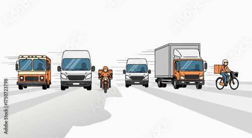Delivery Vehicles in Motion Including Motorcycles and Bicycles for Logistics Blogs, Transport Websites, Urban Delivery Services, and E-commerce Articles