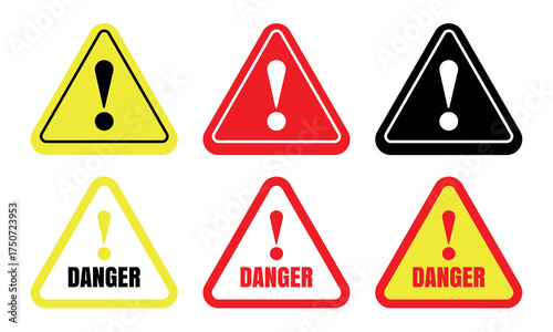 Danger icon set vector illustration – Warning and hazard symbols, safety alert signs, caution and risk notification icons for industrial and safety design