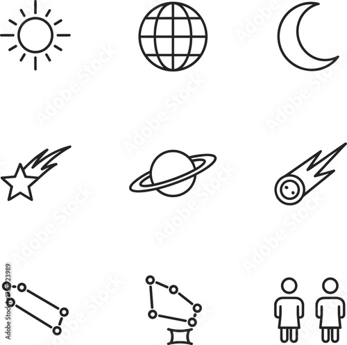 Space and Astronomy Line Icons Set Vector, Simple Outline Celestial Bodies and Constellation Symbols, Planets and Cosmos Elements