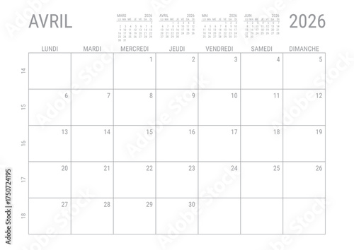 Avril 2026 Calendrier Mensual Planificateur avec Numero de Semaine à imprimer A4	